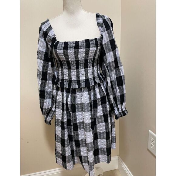 TOPSHOP SHIRRING SEERSUCKER CHECK PUFF SLEEVE MINI DRESS Size 10 - Picture 6 of 11